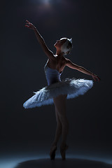 Image showing Portrait of the ballerina in ballet tatu on dack background