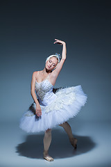 Image showing Portrait of the ballerina in ballet tatu on blue background