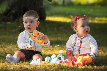 Image showing Babys, less than a year old, playing with  toys 