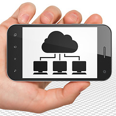 Image showing Cloud networking concept: Hand Holding Smartphone with Cloud Network on display