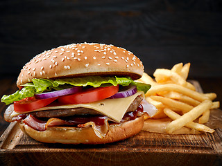 Image showing fresh tasty burger and french fries
