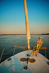 Image showing Mother, daughter on yacht.  Concept of the family