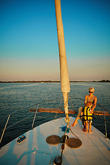 Image showing Mother, daughter on yacht.  Concept of the family