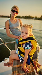 Image showing Mother, daughter on yacht.  Concept of the family