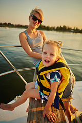 Image showing Mother, daughter on yacht.  Concept of the family