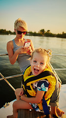 Image showing Mother, daughter on yacht.  Concept of the family