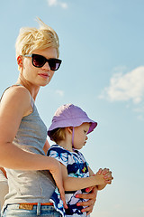 Image showing Mother, daughter on yacht.  Concept of the family