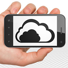 Image showing Cloud technology concept: Hand Holding Smartphone with Cloud on display