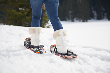 Image showing couple having fun and walking in snow shoes