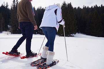 Image showing couple having fun and walking in snow shoes