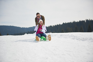 Image showing happy young couple having fun on fresh show on winter vacation