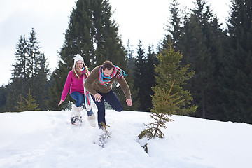 Image showing couple having fun and walking in snow shoes