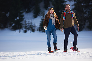 Image showing couple having fun and walking in snow shoes