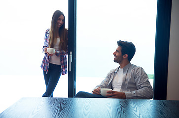 Image showing relaxet young couple drink first morning coffee