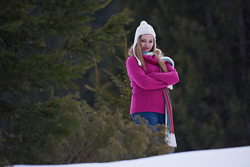 Image showing portrait of beautiful young redhair woman in snow scenery