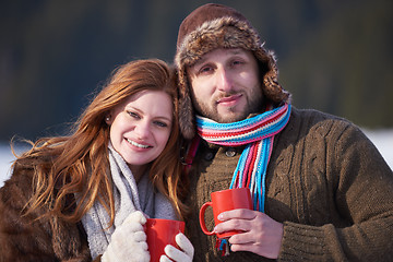 Image showing couple drink warm tea at winter