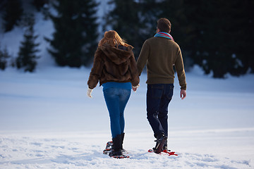 Image showing couple having fun and walking in snow shoes