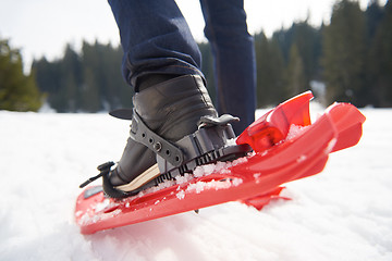 Image showing couple having fun and walking in snow shoes