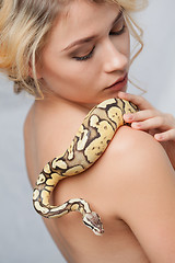 Image showing Beautiful girl  holding a python, which wraps around her body