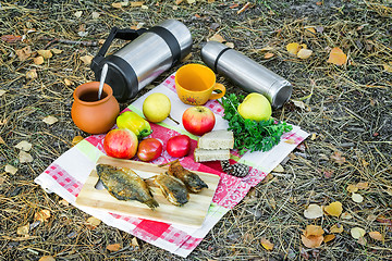 Image showing Coffee and food for a picnic in the woods