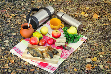 Image showing Coffee and food for a picnic in the woods