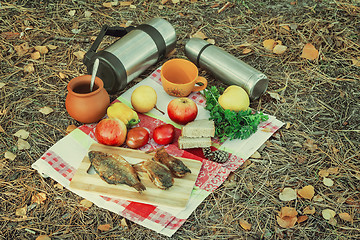 Image showing Coffee and food for a picnic in the woods