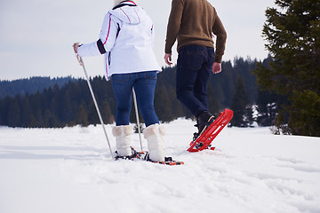 Image showing couple having fun and walking in snow shoes