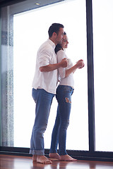 Image showing relaxet young couple drink first morning coffee