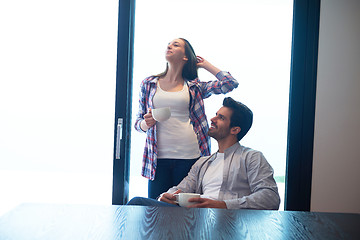 Image showing relaxet young couple drink first morning coffee