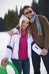 Image showing happy young couple having fun on fresh show on winter vacation