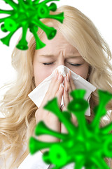 Image showing Ill woman with tissue is sneezing virus