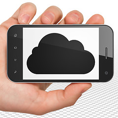 Image showing Cloud computing concept: Hand Holding Smartphone with Cloud on display