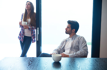 Image showing relaxet young couple drink first morning coffee