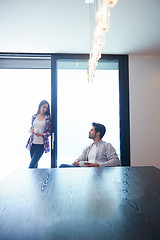 Image showing relaxet young couple drink first morning coffee