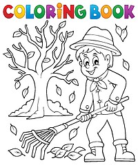 Image showing Coloring book gardener and tree