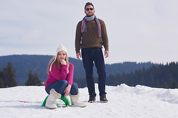 Image showing happy young couple having fun on fresh show on winter vacation