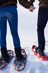 Image showing couple having fun and walking in snow shoes