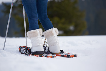 Image showing couple having fun and walking in snow shoes