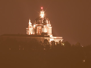 Image showing Retro looking Basilica di Superga at night in Turin