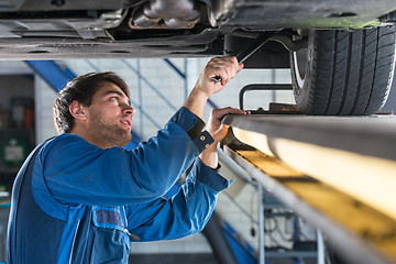 Image showing Mechanic examining the suspension of a car during a MOT Test