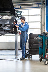 Image showing Mechanic, working on a car, checking the thickness of the brake 