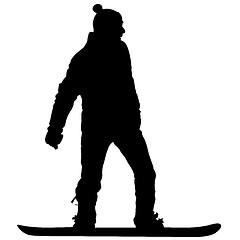 Image showing Black silhouettes  snowboarders on white background. 