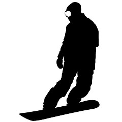 Image showing Black silhouettes  snowboarders on white background. 