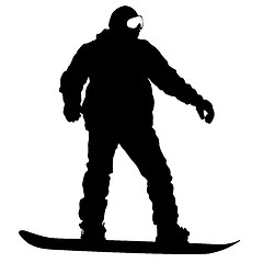 Image showing Black silhouettes  snowboarders on white background. 