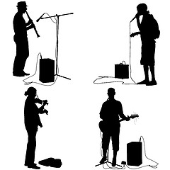 Image showing Set  silhouettes  musicians playing musical instruments. 