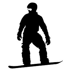 Image showing Black silhouettes  snowboarders on white background. 