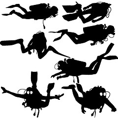 Image showing Set black silhouette scuba divers. illustration.