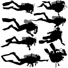 Image showing Set black silhouette scuba divers. illustration.