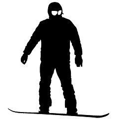 Image showing Black silhouettes  snowboarders on white background. 