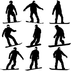 Image showing Black silhouettes set snowboarders on white background. 